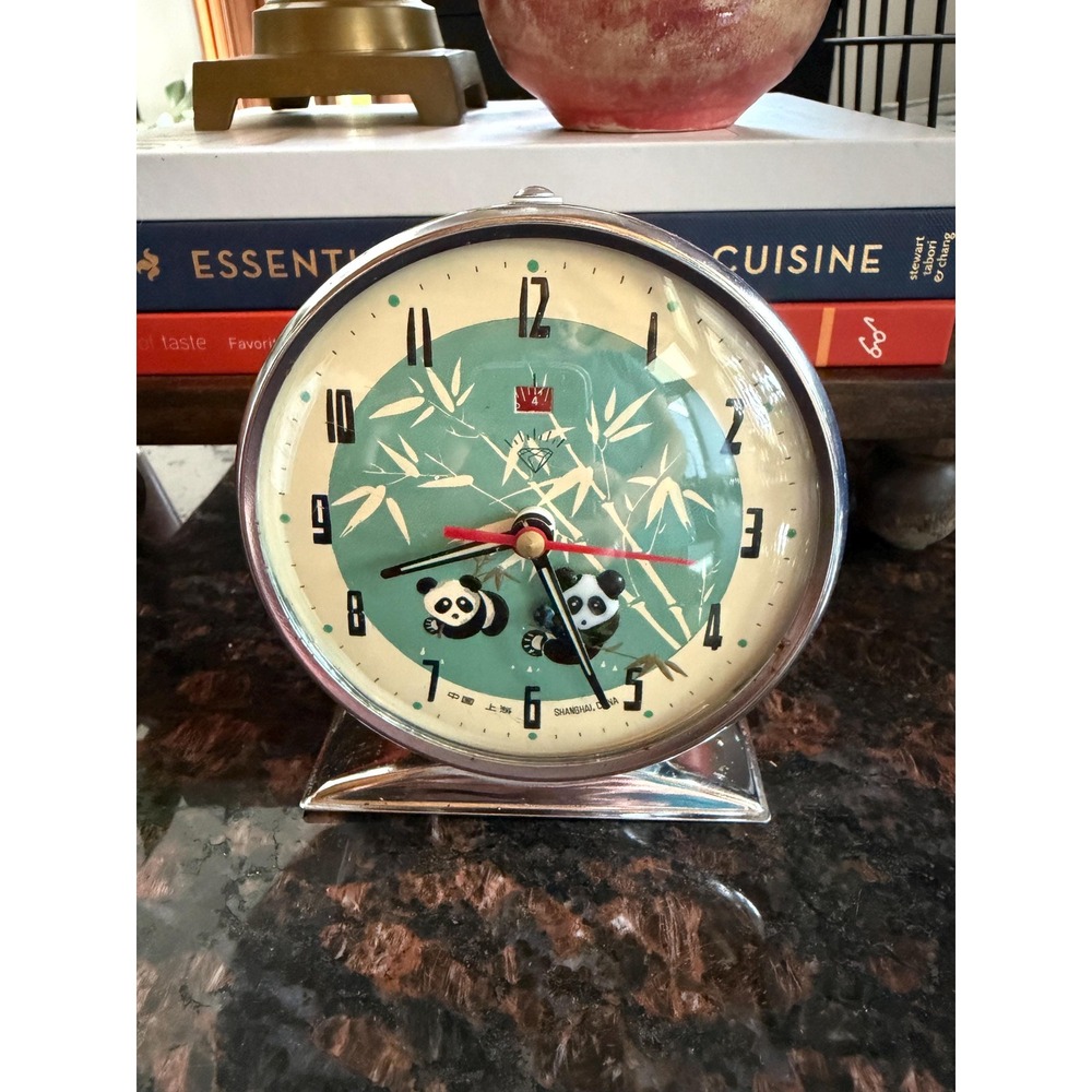 Vintage Shanghai Diamond Panda Alarm Clock, Animated Mechanical Wind Up Clock
